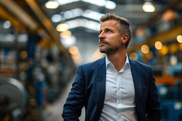 Businessman Inspecting Warehouse Operations at Dusk