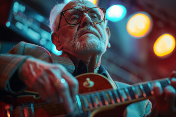 Older Man Playing Guitar in Dimly Lit Room - Powered by Adobe