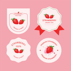 Set of vector label with strawberry. Round sticker banner design with pink color theme.