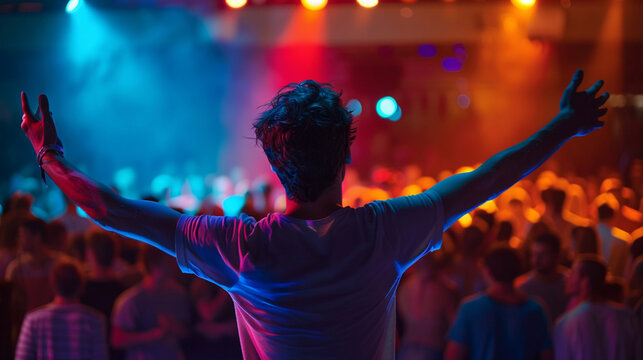 A man seen from back in a music event, dancing in neon color lights
