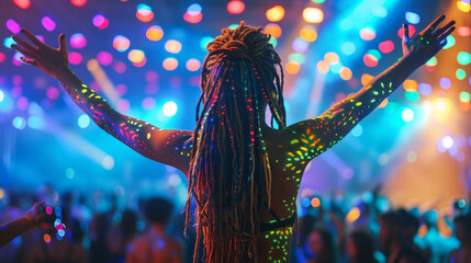 A woman seen from back in a music event, dancing in neon color lights