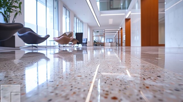 A timelapse image capturing the daily use of a terrazzo flooring area over a period of months emphasizing its durable nature in maintaining its appearance even with regular use and .