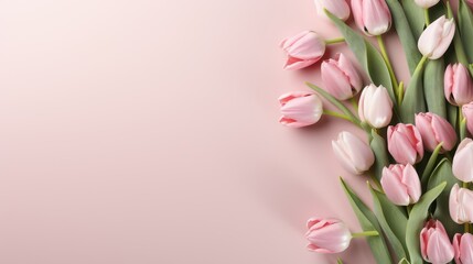 Bouquet of pink tulips on pastel pink background