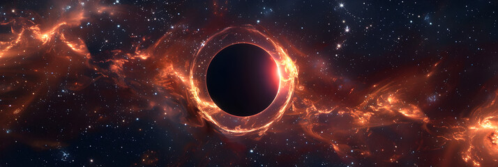 Black hole illustration in outer space. Supermassive singularity Exploding supernova illuminates multi colored galaxy in deep space. - obrazy, fototapety, plakaty