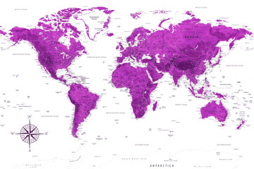 World Map - Highly Detailed Vector Map of the World. Ideally for the Print Posters. Amethyst Lilac Purple Colors. Relief Topographic