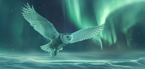 A Snowy Owl glides gracefully through an enchanting aurora borealis-lit night sky over a serene snowy landscape - obrazy, fototapety, plakaty