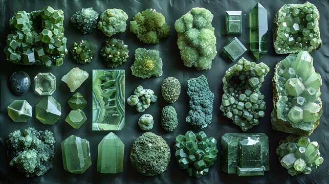 AI-generated illustration of a variety of green gemstones on a table