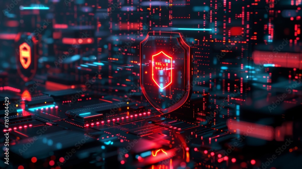 Poster a dark digital landscape with a glowing firewall shield protecting data servers, symbolizing the def