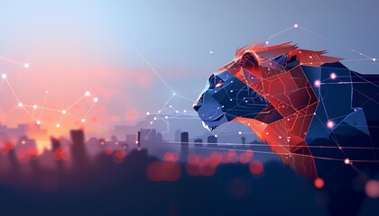 Capture the fusion of nature and technology in a photorealistic digital rendering of a robotic lion with glowing circuit patterns at dusk