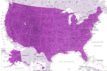 United States - Highly Detailed Vector Map of the USA. Ideally for the Print Posters. Amethyst Lilac Purple Colors. Relief Topographic - obrazy, fototapety, plakaty