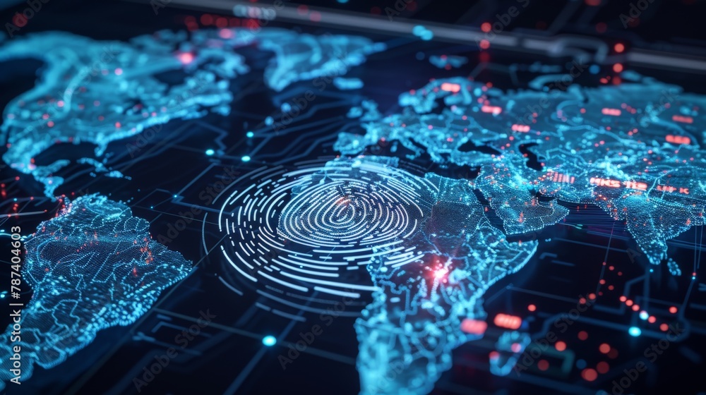 Poster a digital fingerprint scanner overlaid on a world map, representing secure global access control.