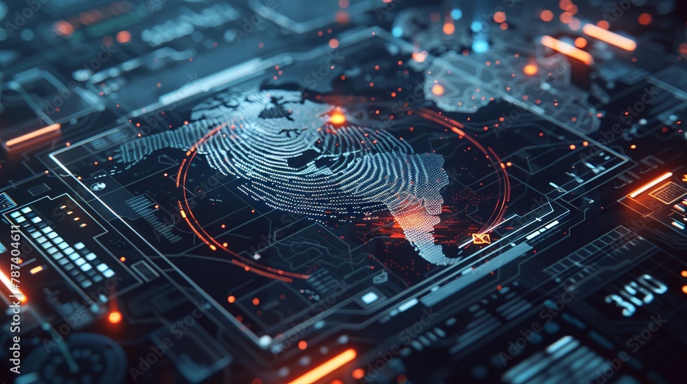 Poster a digital fingerprint scanner overlaid on a world map, representing secure global access control.