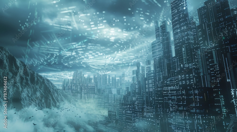 Poster a digital fortress under siege by waves of binary code, representing the ongoing battle against cybe