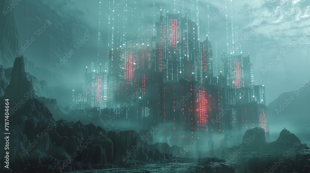 Poster a digital fortress under siege by waves of binary code, representing the ongoing battle against cybe