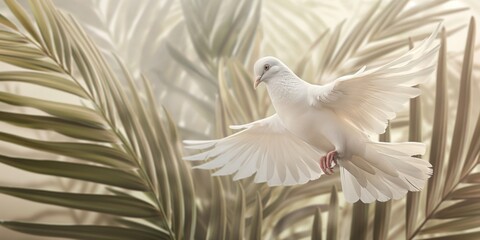 A peaceful image of a pure white dove descending with outstretched wings against a background of soft-focus palm leaves, evoking a sense of hope