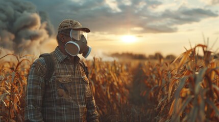A farmer wearing a respirator, standing in a field with withered crops, the sky choked with a thick layer of dust.