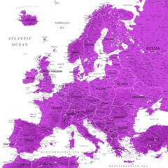 Europe - Highly Detailed Vector Map of the Europe. Ideally for the Print Posters. Amethyst Lilac Purple Colors. Relief Topographic