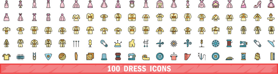100 dress icons set. Color line set of dress vector icons thin line color flat on white