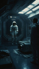 a poster for the space shuttle shows a man in an astronaut suit and a space suit. ai generated