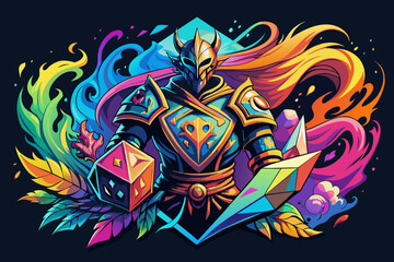 Crafted with vivid watercolor-inspired brush strokes, this abstract t-shirt design merges the gallant paladin warriors from Dungeons and Dragons with the whimsical charm of tabletop role-playing game 