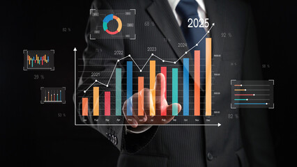 Business person evaluates metrics for business growth, setting goals for expansion. Insights on...