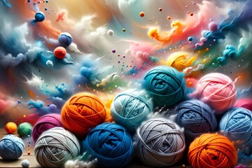 fluffy multi-colored balls of wool for knitting - obrazy, fototapety, plakaty