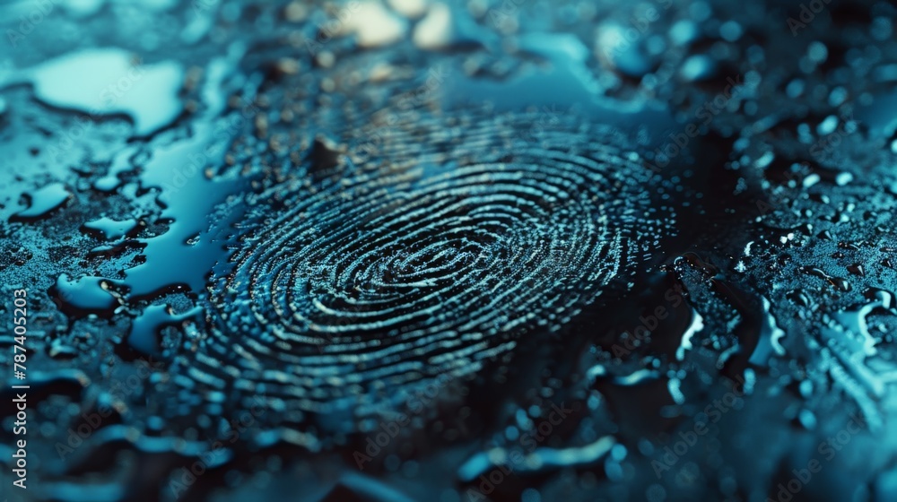 Poster a macro shot of a fingerprint on a metallic surface, with water droplets creating a distorted reflec
