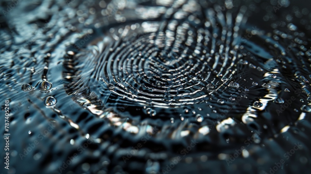 Poster a macro shot of a fingerprint on a metallic surface, with water droplets creating a distorted reflec
