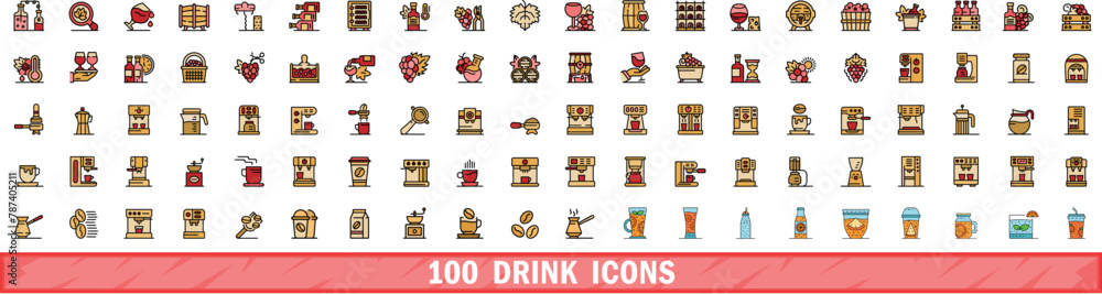 Canvas Prints 100 drink icons set. Color line set of drink vector icons thin line color flat on white - Canvas Prints