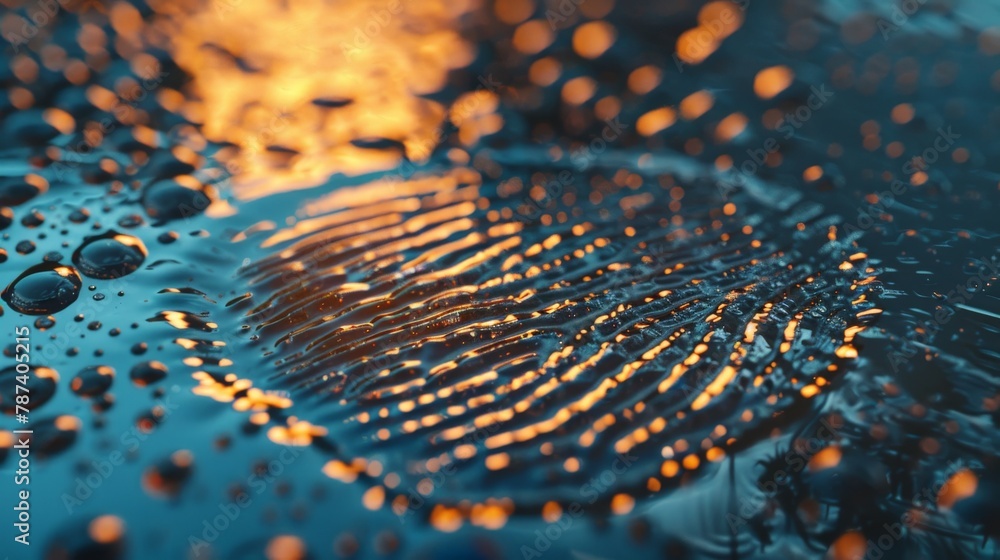 Poster a macro shot of a fingerprint on a metallic surface, with water droplets creating a distorted reflec