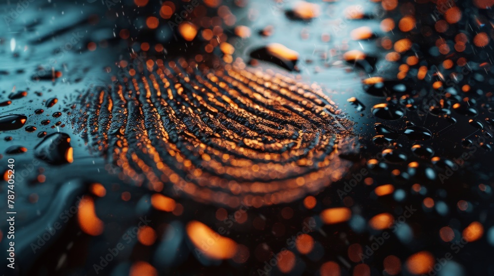 Poster a macro shot of a fingerprint on a metallic surface, with water droplets creating a distorted reflec