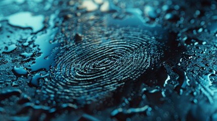 A macro shot of a fingerprint on a metallic surface, with water droplets creating a distorted reflection. - obrazy, fototapety, plakaty
