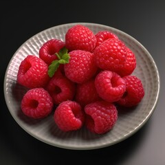 Close-up of ripe red raspberries in a gray plate.