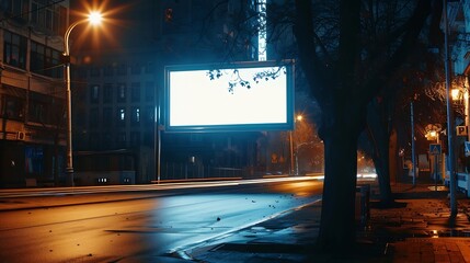 Blank glowing billboard on empty street at night mock up : Generative AI