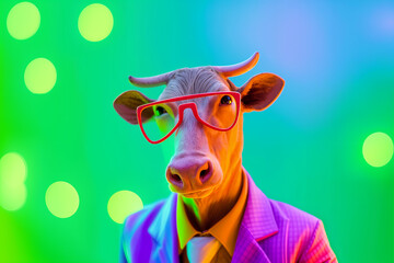 Stylish, anthropomorphic dandy cow exuding charm and confidence. Smartly dressed in a flannel suit and tie,  eye-catching red sunglasses  set against a vibrant nightclub scene of green neon backdrop.
