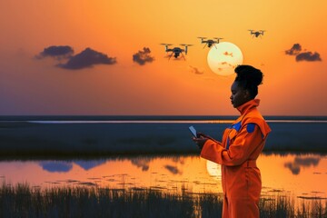 Black Female Scientist Researching Climate Change with Drones at Coastal Sunset - obrazy, fototapety, plakaty