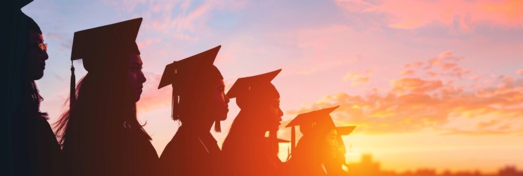Silhouettes of students wearing graduation caps against the sky at sunset, representing college crucial life events Generative AI - Powered by Adobe