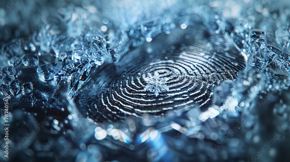 Aufkleber a fingerprint sculpted from rough, cold ice, with a single snowflake resting in its center. sci-fi c