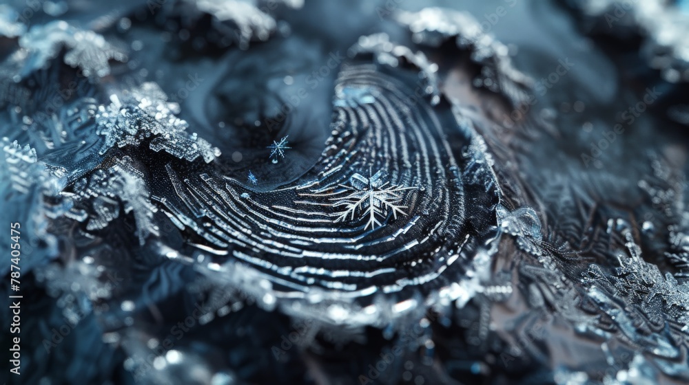 Poster a fingerprint sculpted from rough, cold ice, with a single snowflake resting in its center. sci-fi c