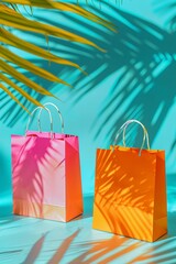 Vibrant Summer Shopping: Colorful Bags and Tropical Theme on Pastel Blue