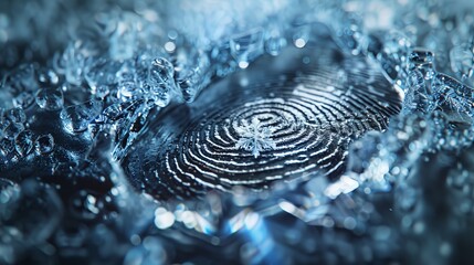 A fingerprint sculpted from rough, cold ice, with a single snowflake resting in its center. Sci-Fi concept 3D rendering. - obrazy, fototapety, plakaty