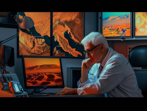 Elderly Scientist Analyzes Satellite Imagery for Deforestation Research in High-Tech Laboratory