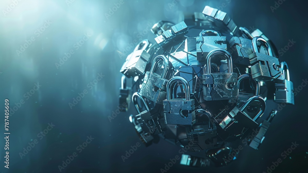 Poster a group of interconnected padlocks forming a globe, symbolizing the importance of global collaborati