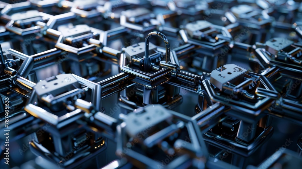 Poster a group of interconnected padlocks forming a honeycomb structure, symbolizing the interconnectedness