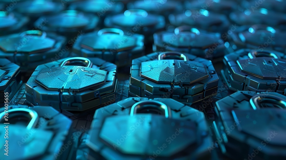 Poster a group of interconnected padlocks forming a honeycomb structure, symbolizing the interconnectedness
