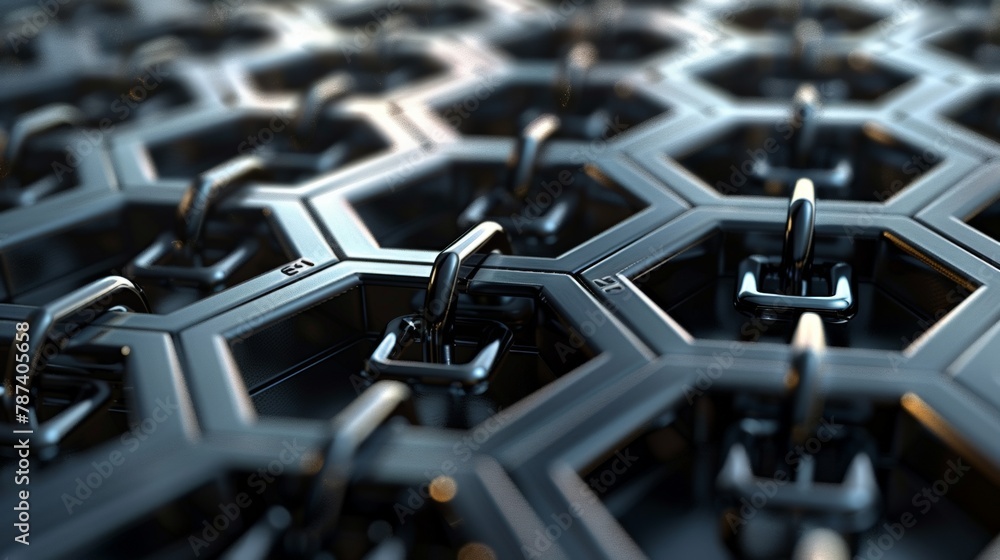 Poster a group of interconnected padlocks forming a honeycomb structure, symbolizing the interconnectedness