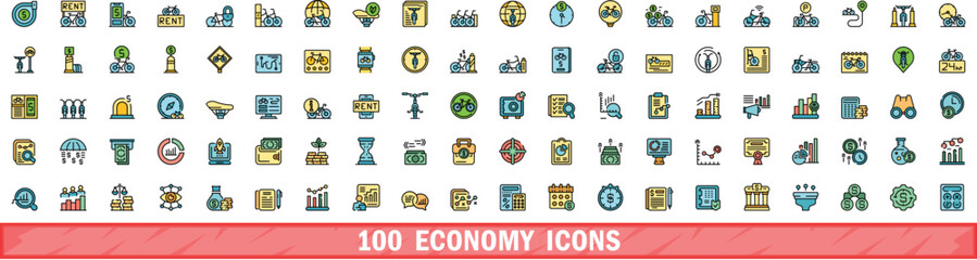 100 economy icons set. Color line set of economy vector icons thin line color flat on white