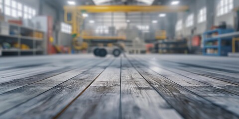 An expansive industrial warehouse interior with a low-angle view of the wooden floor, leading to blurred machinery in the background - obrazy, fototapety, plakaty