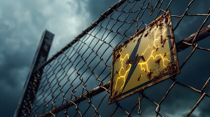 A high-voltage warning sign with jagged yellow lightning bolts on a rusty chain link fence, with a stormy sky looming in the distance. 