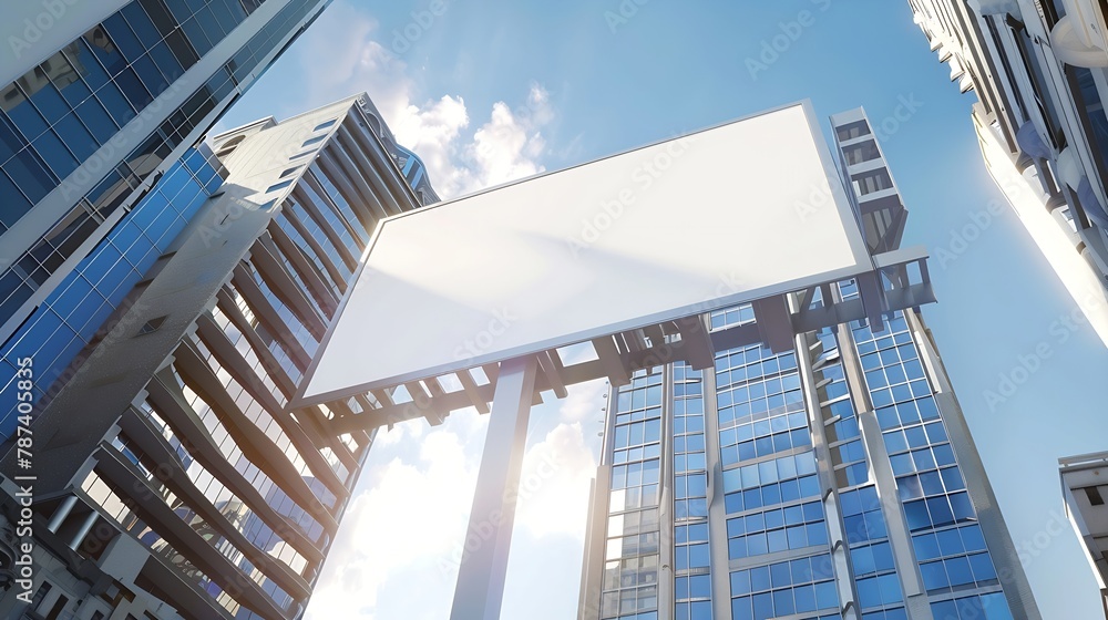 Poster blank white billboard between business centers with blue sky mock up 3d render : generative ai